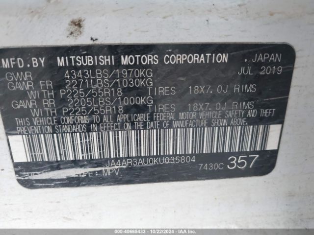 JA4AR3AU0KU035804 Mitsubishi Outlander Sport 2.0 Es