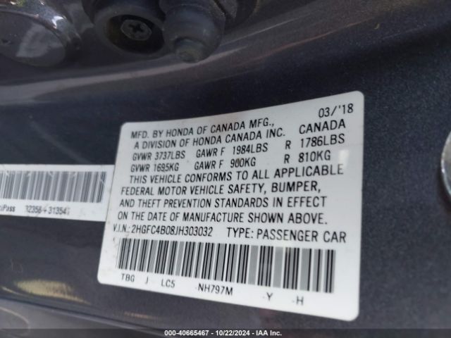 2HGFC4B08JH303032 Honda Civic Lx-p