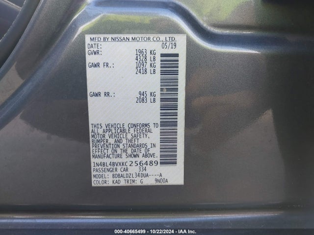 Nissan Altima 2.5 S 2019 1N4BL4BVXKC256489 Image 9