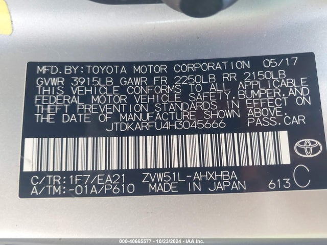 JTDKARFU4H3045666 Toyota Prius