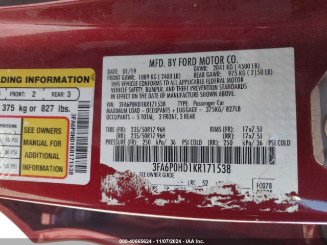 3FA6P0HD1KR171538 Ford FUSION SE