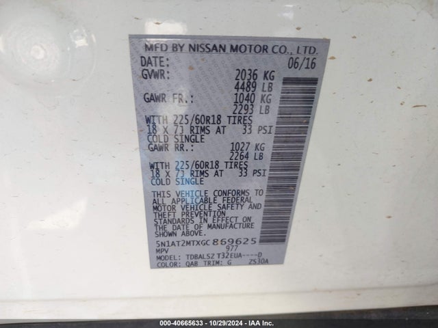 Nissan Rogue Sl 2016 5N1AT2MTXGC869625 Image 9
