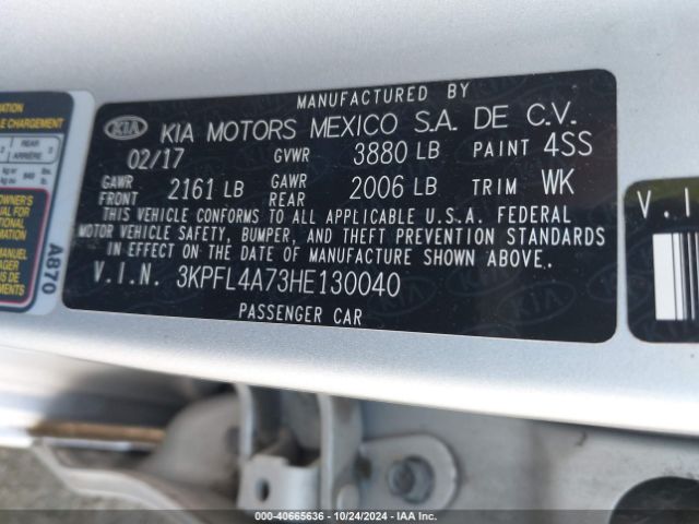 3KPFL4A73HE130040 KIA FORTE LX
