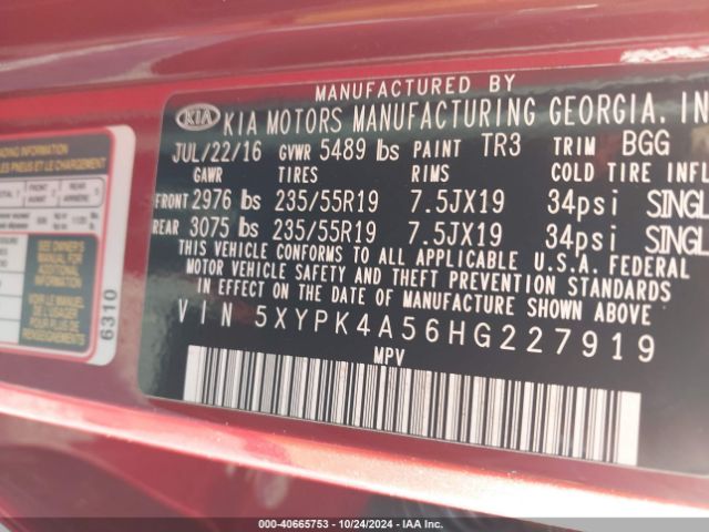 5XYPK4A56HG227919 KIA Sorento 3.3l Sx