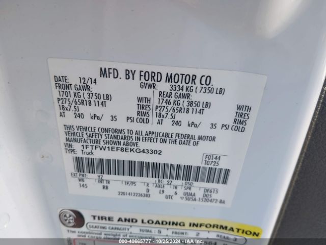 1FTFW1EF8EKG43302 Ford F-150 Fx4