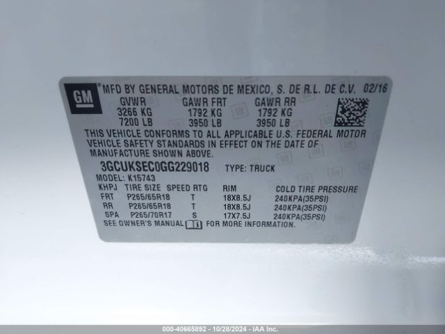 3GCUKSEC0GG229018 Chevrolet Silverado 1500 1lz