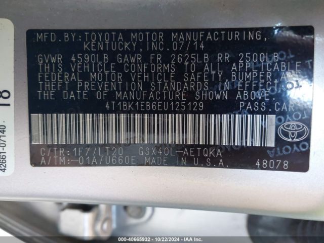 4T1BK1EB6EU125129 Toyota Avalon Xle Touring