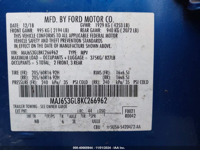 MAJ6S3GL8KC266962 Ford Ecosport Se