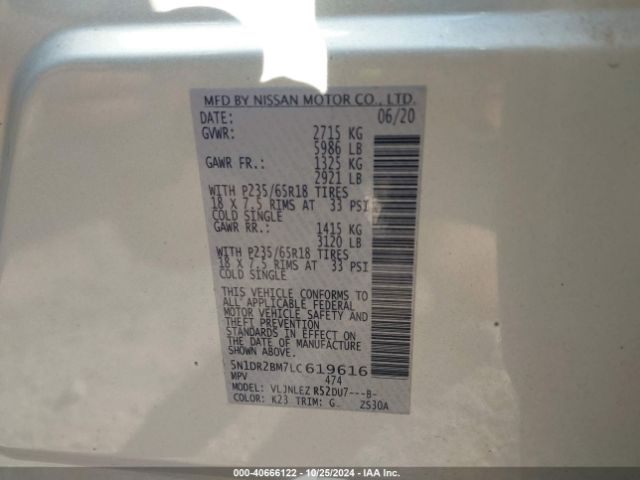 5N1DR2BM7LC619616 Nissan Pathfinder Sv 4wd