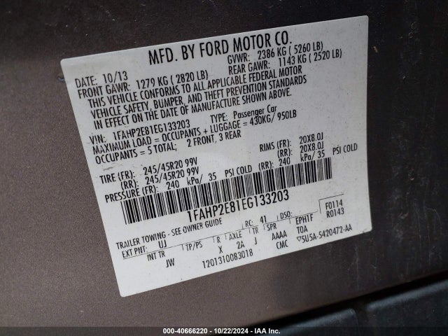 Ford TAURUS SEL 2014 1FAHP2E81EG133203 Image 9