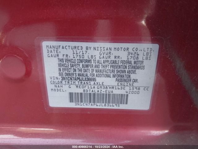 3N1CN7AP6JL836695 Nissan Versa 1.6 S+