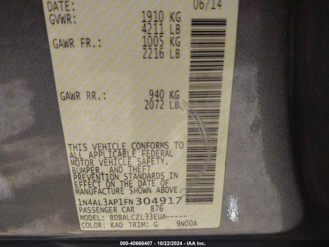 Nissan Altima 2.5 S 2015 1N4AL3AP1FN304917 Image 9