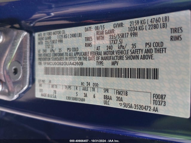 Ford ESCAPE SE 2016 1FMCU0G92GUA42609 Image 9