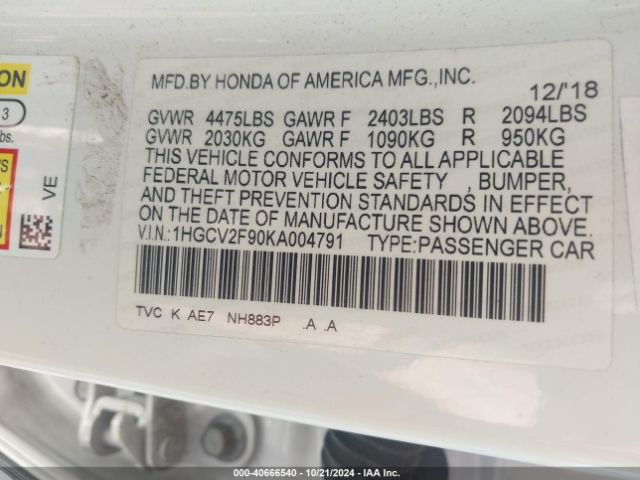 1HGCV2F90KA004791 Honda Accord Touring 2.0t