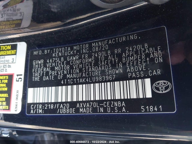 Toyota CAMRY LE 2020 4T1C11AK4LU983967 Image 9
