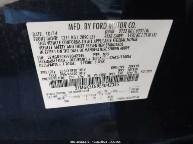 2FMGK5C89EBD42345 Ford FLEX SEL