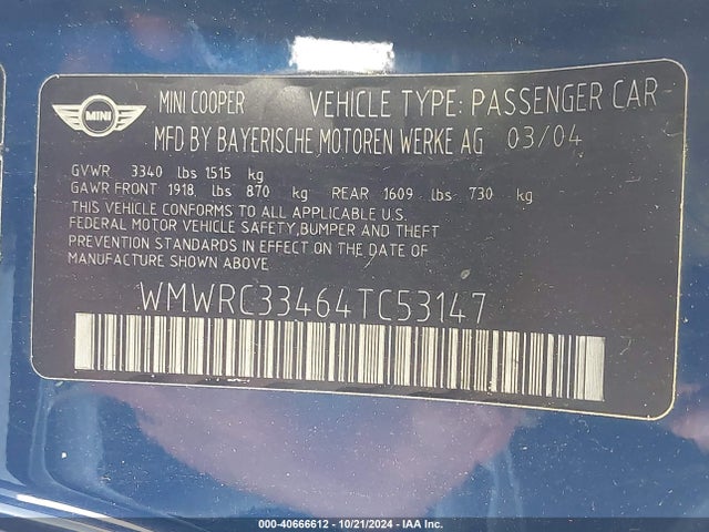 2004 MINI COOPER WMWRC33464TC53147 Photo 8