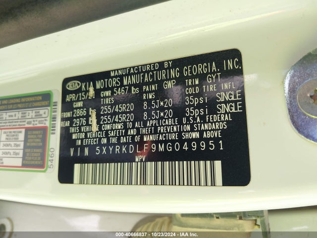 5XYRKDLF9MG049951 KIA SORENTO SX