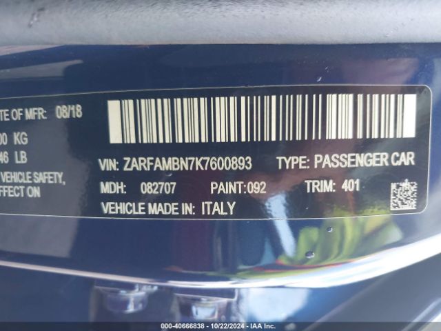 ZARFAMBN7K7600893 Alfa Romeo Giulia Ti Sport Rwd