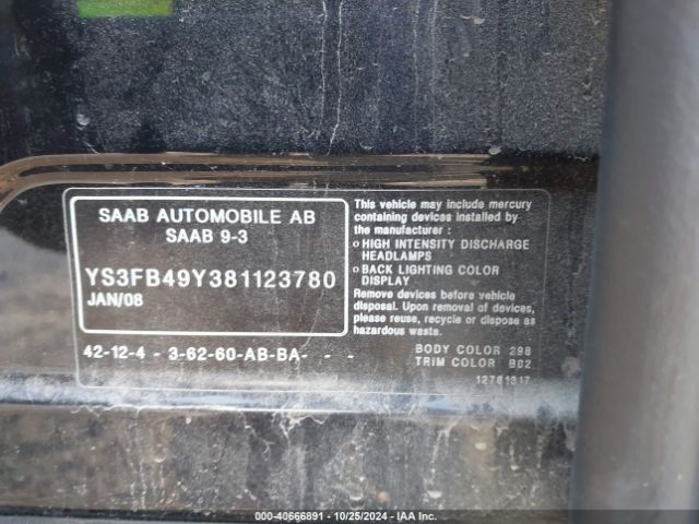 2008 SAAB 9-3 YS3FB49Y381123780 Photo 8