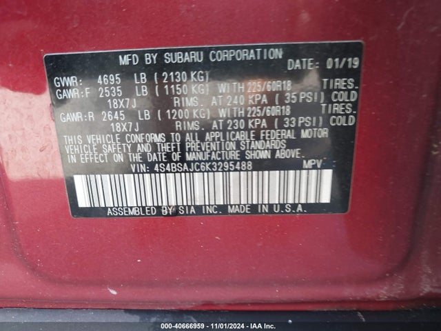Subaru Outback 2.5i Limited 2019 4S4BSAJC6K3295488 Image 9