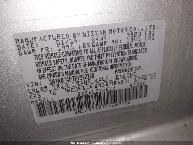Nissan SENTRA S 2015 3N1AB7AP7FY222720 Image 9
