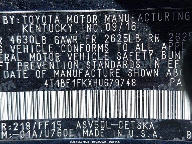 Toyota CAMRY SE 2017 4T1BF1FKXHU679748 Image 9