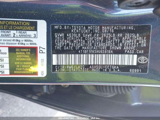 Toyota CAMRY XLE 2017 4T1BF1FK5HU659164 Image 9