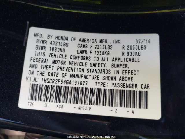 1HGCR2F54GA137627 Honda Accord Sport
