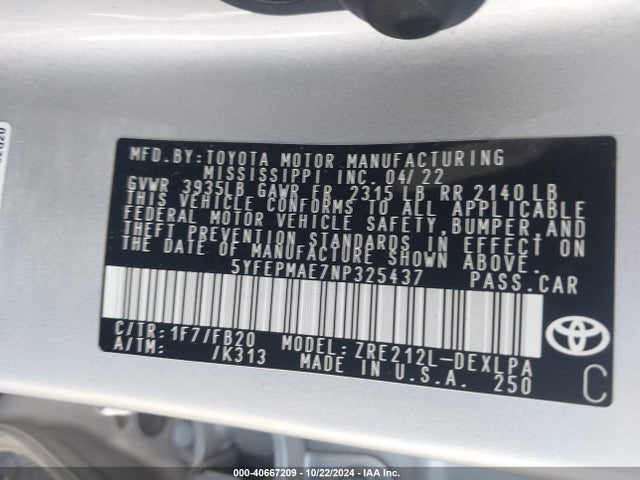 Toyota COROLLA LE 2022 5YFEPMAE7NP325437 Image 9