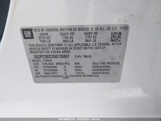 3GCPCSEC2GG126807 Chevrolet Silverado 1500 1lz