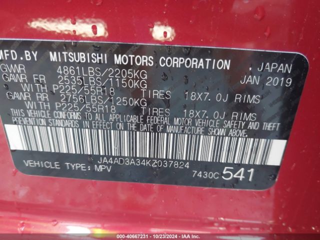 JA4AD3A34KZ037824 Mitsubishi Outlander Sel
