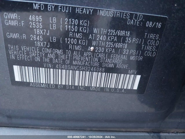 Subaru Outback 2.5i Limited 2017 4S4BSANC5H3246088 Image 9