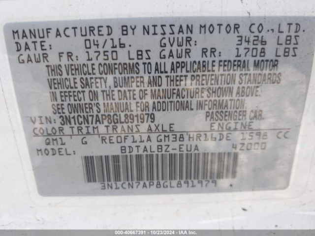 3N1CN7AP8GL891979 Nissan Versa