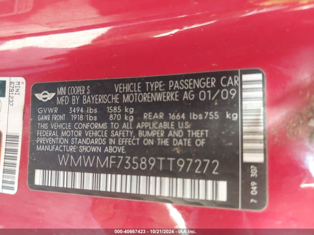 2009 MINI COOPER S WMWMF73589TT97272 Photo 8