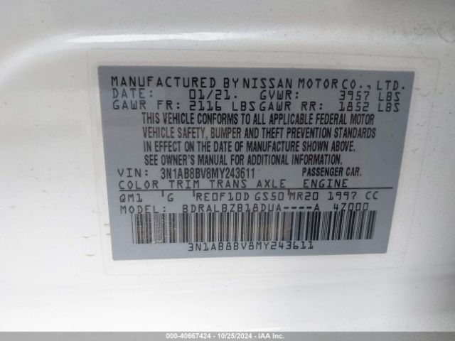 3N1AB8BV8MY243611 Nissan Sentra S Xtronic Cvt