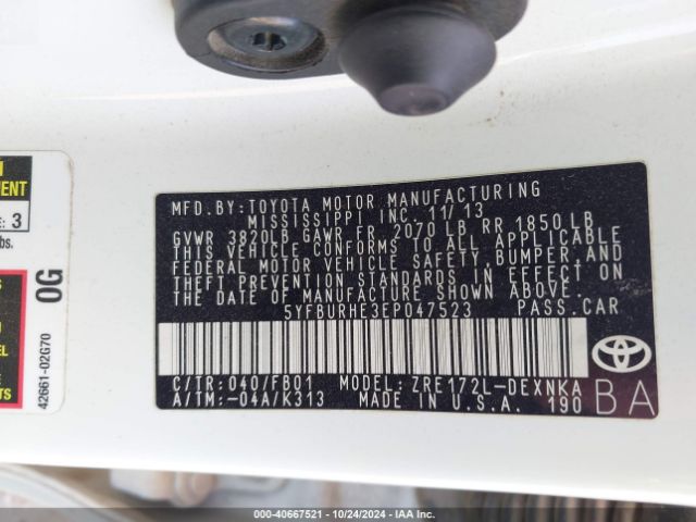 5YFBURHE3EP047523 Toyota Corolla L/le/le Pls/prm/s/s Pls