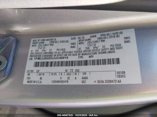 Ford ESCAPE SE 2018 1FMCU0GD5JUC40919 Image 9