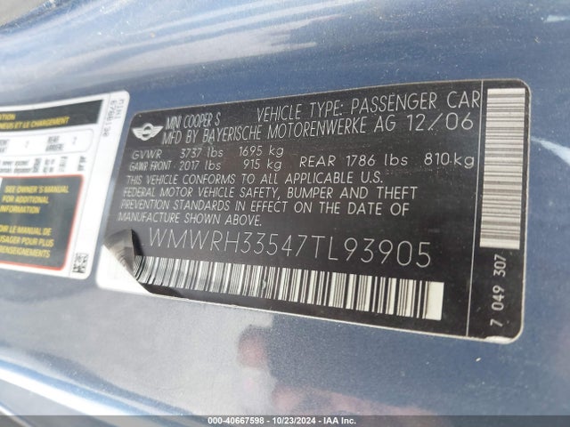 2007 MINI COOPER S WMWRH33547TL93905 Photo 8