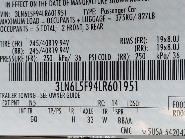 3LN6L5F94LR601951 Lincoln Mkz Reserve