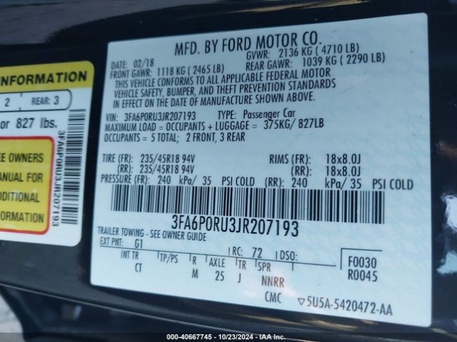 3FA6P0RU3JR207193 Ford Fusion Hybrid Titanium