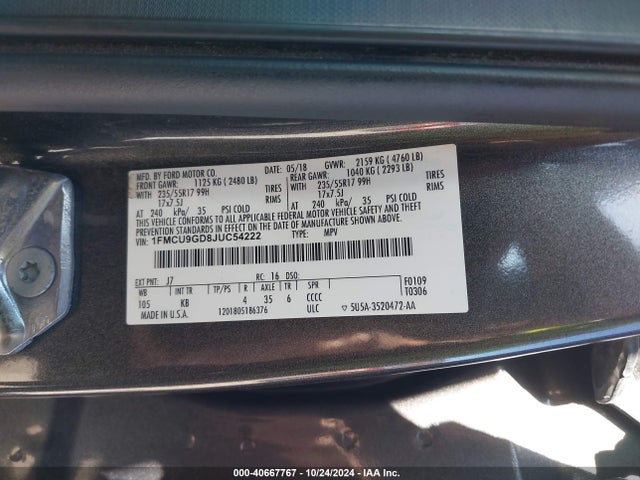 Ford ESCAPE SE 2018 1FMCU9GD8JUC54222 Image 9