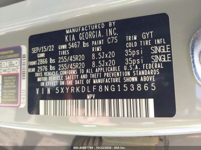 5XYRKDLF8NG153865 KIA SORENTO SX
