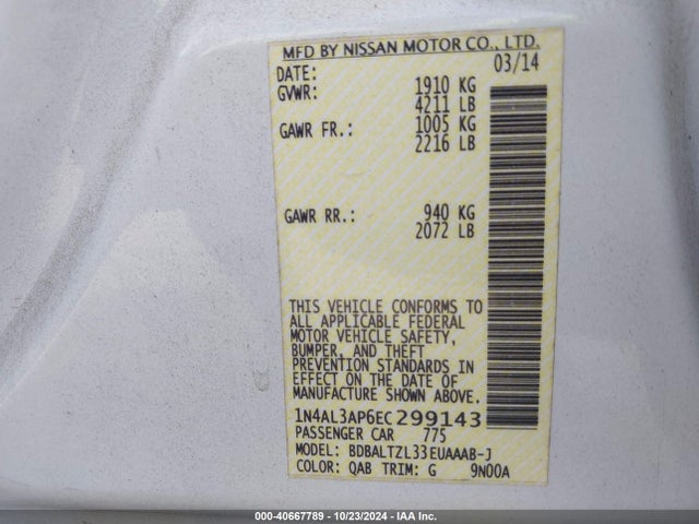 Nissan Altima 2.5 Sv 2014 1N4AL3AP6EC299143 Image 9