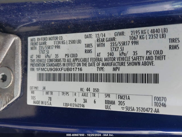 Ford ESCAPE SE 2015 1FMCU9G9XFUB01716 Image 9