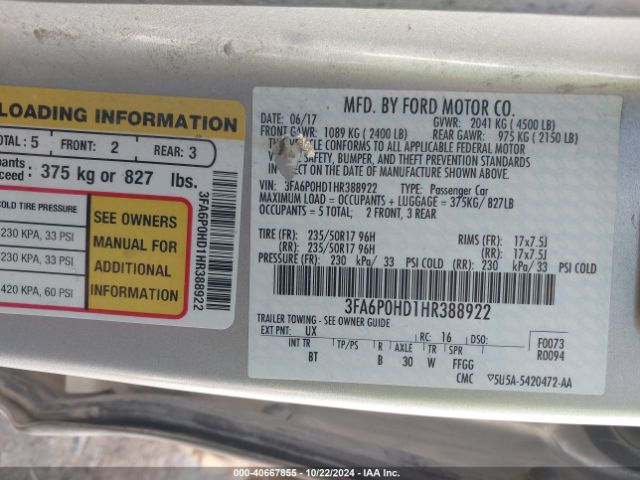 3FA6P0HD1HR388922 Ford FUSION SE