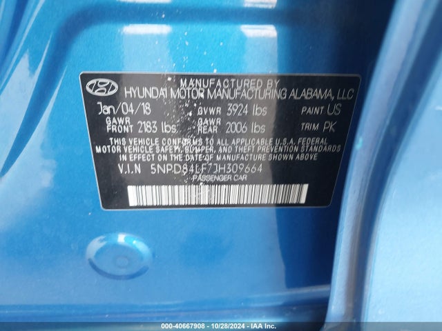 Hyundai ELANTRA SEL 2018 5NPD84LF7JH309664 Image 9