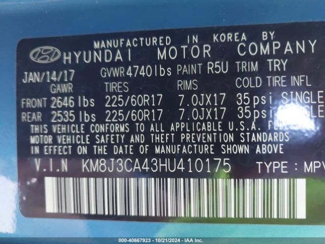 KM8J3CA43HU410175 Hyundai TUCSON SE
