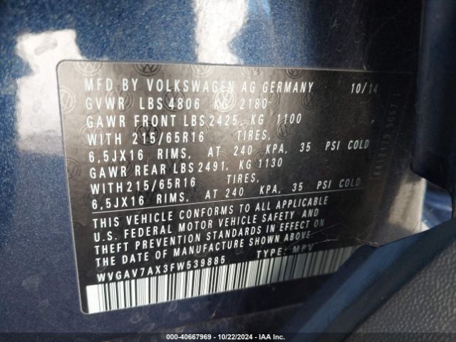 WVGAV7AX3FW539885 Volkswagen TIGUAN S