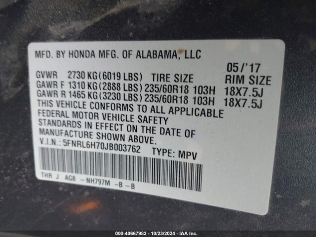 Honda Odyssey Ex-l 2018 5FNRL6H70JB003762 Image 9